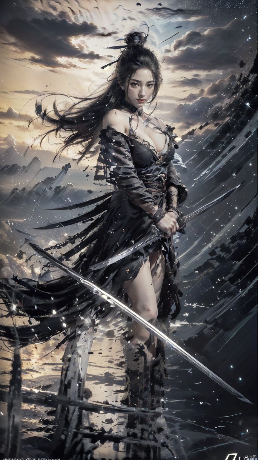  (Cleavage cut out, high cut, bare waist, bare legs, off-the-shoulder :1.9), (plumping breasts, slender waist, very long legs :1.3), 1 girl,(Rain of Blades:1.6), (a girl surrounded by floating swords:1.3), solo, black long hair, female focus: strengthening, (close up : 1.7), (Floating Swords * 10000), 10000 Floating Swords, lens light, Shadow of the Swords (Blade Storm: 1.2), circular waves, Night, cliffs, starry sky, clouds, sunset, mountains and rivers, ambient samples, Starry Night, Absorption, Incremental Absorption, Beyond Reality, (Masterpiece) ECE, (Very Detailed CGUnit 8K Wallpaper), Best Quality, High Resolution Illustrations, Yu Jian Jue, BY MOONCRYPTOWOW, Sword Formation, smwuxia Chinese text blood weapon:sw,