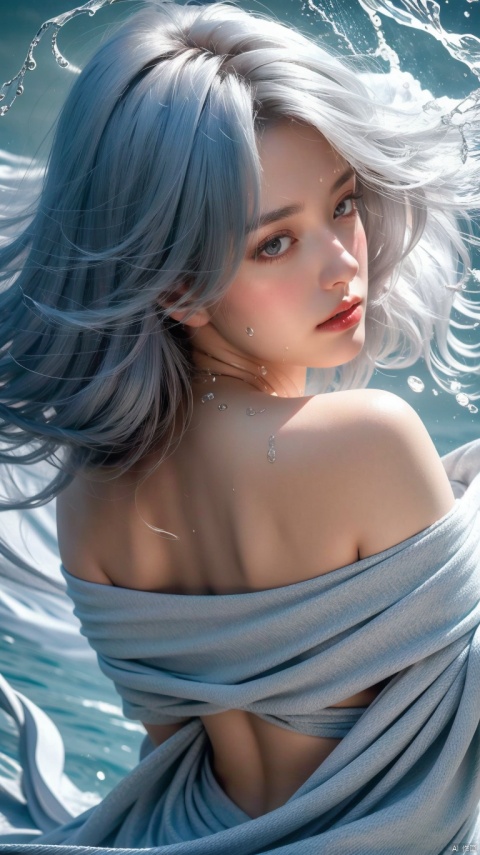  Ultrarealistic, High quality,  (close up :1.2), masterpiece, wallpaper, 1 girl, grey hair, water dress, jumping, cleavage cut out, high cut, bare waist, bare legs, off-the-shoulder, (naked:1.15), (the girl was bound with water:1.4), blue water column, snowflake, magic circle, energy, radiance, diffraction spikes, ejaculation, electricity, flying paper, magic, Taoist runes, liquid clothes