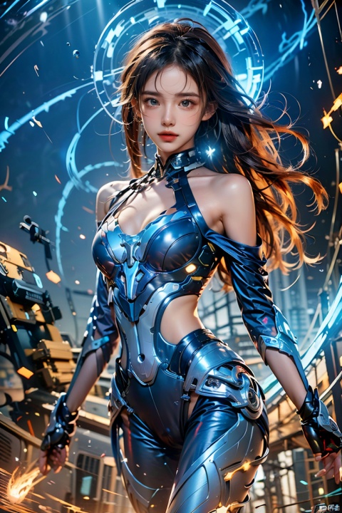  Ultrarealistic, Deep shadow, contour light, depth of field, (Cleavage cut out, high cut, bare waist, bare legs, off-the-shoulder :1.3), (plumping breasts, slender waist, very long legs :1.3), Graphics card core,1 girl, solo,blue eyes,mecha musume,grey hair,long flowing hair, In their 20s,beautiful ,Cheerful,extroversion,energy,glowing,running,diffractionspikes,ejaculation,electricity,magic,tarrysky, realistic characters,technological marvels,Mech jacket, futuristic style, ray tracing, hyper-realistic pop,8k, BY , Light master, ROBOT, lightning