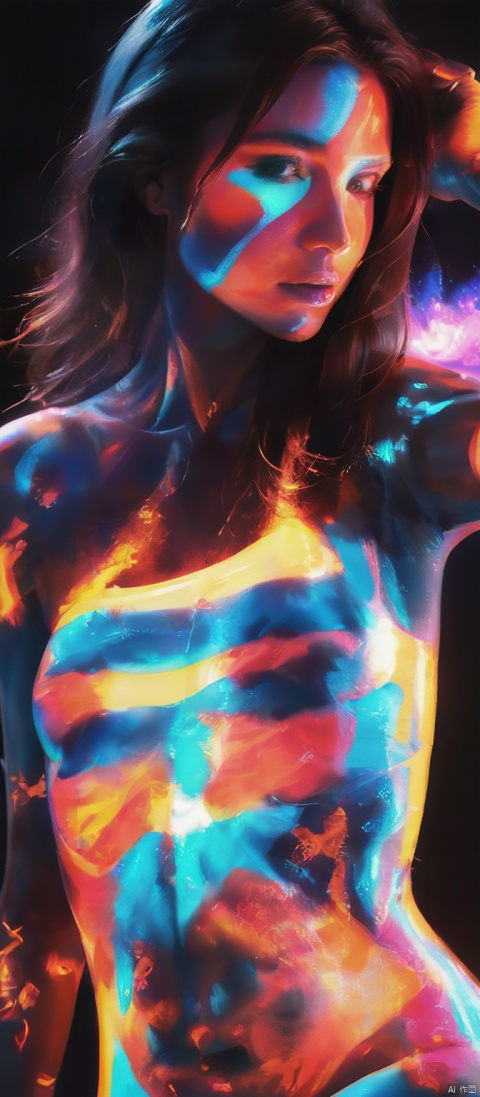  Waist photo, ((hands on breasts :1.9)), (long_hair, flowing hair), future technology, 1girl, dynamic pose, naked, (glowing_body_painting:2.2), (glowing tattoo, multi-line light on body, multi-light tattoo:2.2), (glowing electronic screen), (electronic message flow: 1.3), holographic projection, (glowing electronic screen on heart: 1.9), glowing text on thigh, (girl pose: 1.2), glowing e-shoes, colored smoke, glow, neon, 1mechanical girl,((ultra realistic details)), waist photo, off shoulder, bare waist, bare legs, bare arms, portrait, detailed face,global illumination, shadows, octane render, 8k, ultra sharp,metal,intricate, ornaments detailed, cold colors, egypician detail, highly intricate details, realistic light, trending on cgsociety, glowing eyes, facing camera, neon details, machanical limbs,
,11, MAJICMIX STYLE, 1girl, Face Score,