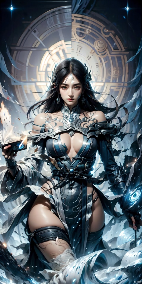  masterpiece,best quality, highly detailed, silent magician,1girl,duel (cleavage cut out, high cut, bare waist, bare legs, off-the-shoulder:1.2), (plumping breasts, slender waist, very long legs:1.2), monster,solo, BY MOONCRYPTOWOW, Light master, mgbk