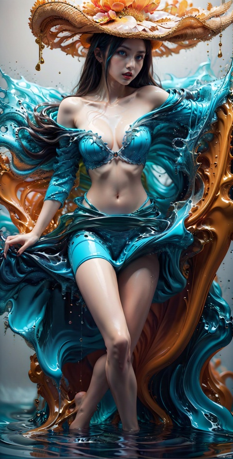 (close up :1.2), Cleavage cut out, high cut, bare waist, bare legs, off-the-shoulder, waist photo 1girl, blue eyes, solo, long hair, dress, blue nails, looking at viewer, white hair, flower, jewelry, floating hair, nail polish, ring, hat, hair ornament, plumbing breasts, breasts, white nails, liquid dress, bangs, hair between eyes, hands on own face,White hell,,white hell, mmeng,