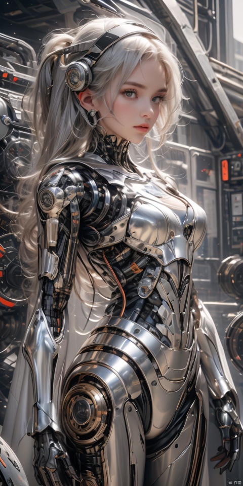  (silver, bionic machine body, skin tight, android), (plumping breasts, slender waist, very long legs), waist photo, (close up :1.2), 1girl, （masterpiece),(best quality) , high detal, hyper-detailing, The painting depicts scenes of breathtaking images of magnificent spaces。The picture shows a girl with machine body, Face back, Look at a red-glowing planet in space。The scene is highly-detailed, Clarity is extraordinary, Every intricate detail of the panorama is captured。, Surrealism, chiaroscuro, cinematic lighting, ray tracing, reflection light, projected inset, 8k, UHD, masterpiece, textured skin, super detail, high details, high quality, best quality, highres, 8k,firmament,space elevator,Fire,Universe,midjourney,space_helmet,Planet,science fiction,EpicSky,cloud,yuzu,machinery,1girl