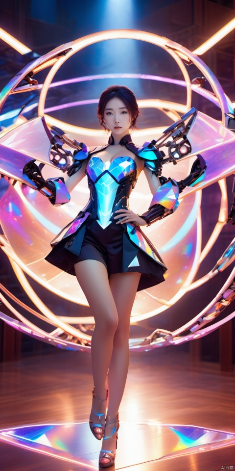  (cleavage cut out, high cut, bare waist, bare legs, bare arms:1.2), Waist photo, high quality exquisite wallpaper, (holographic:1.7),holographic metal,holographic fabric,1girl,wearing white Hanfu and black mecha,The girl was surrounded by magic arrays,solo,mecha musume,blue_eyes,cinematic lighting,strong contrast,1 beautiful young chinese woman,mature and exquisitefacial features,sharp eyes,photon force field,purple and blue glowing neon lights,wide_shot,robot girl,magic array,magic circle,roman numeral,blue theme,intricate glowing lace,(Multiple magic arrays:1.5),1 girl figure is slender medium breasts clothes,The girl was surrounded by magic arrays,Multiple magic arrays,The girl is surrounded by magic rings,unbuttoned clothes,stylish_pose,fighting_stance, MAJICMIX STYLE