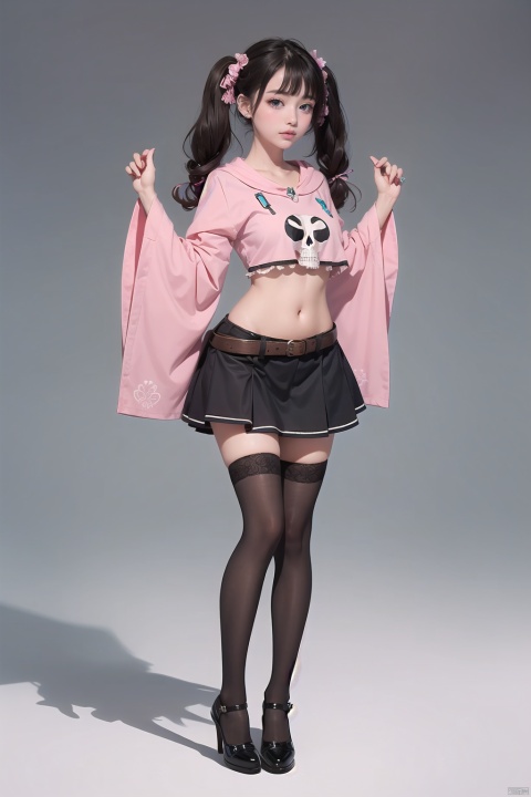 girl,
breasts,medium breasts, bangs, black hair, long sleeves,  twintails, brown eyes, standing, full body, Navel,wide sleeves,  hair rings, cowgirl outfit,sheriff badge,Skull print,long legs,pink thighhighs,High-low skirt,
Turquoise color,
beautiful details,(by Gemma Correll:1.4)
(character concept art:1.1),front side back three views,
﻿
(masterpiece,best quality:1.4),