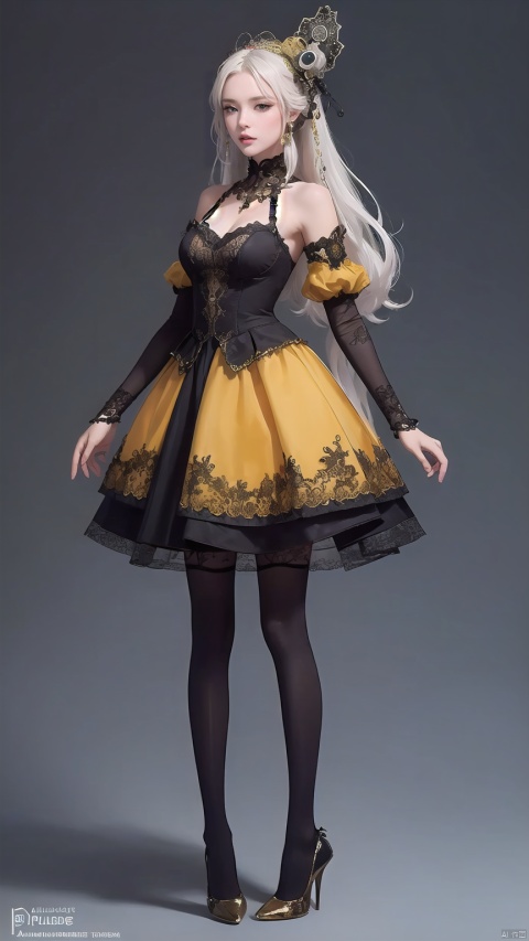 1girl, solo, long hair, breasts, skirt, hair ornament, thighhighs, medium breasts, full body, white hair,  high heels,
(in style of Alexander Jansson:1.4), beautiful details,
character concept art,front side back three views,
(masterpiece,best quality:1.4),