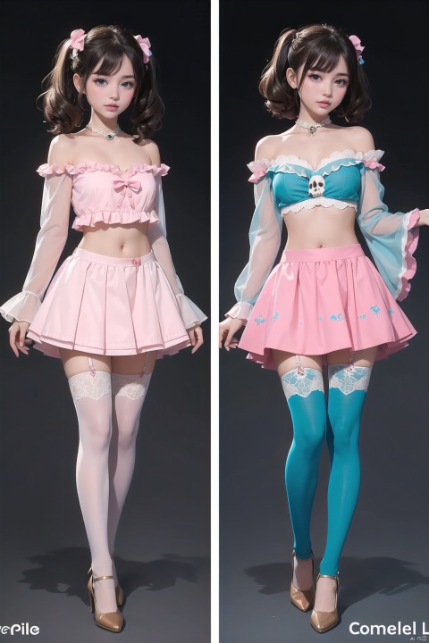 girl,
breasts,medium breasts, bangs, black hair, long sleeves,  twintails, brown eyes, standing, full body, Navel,wide sleeves,  hair rings, cowgirl outfit,sheriff badge,Skull print,long legs,pink thighhighs,High-low skirt,
Turquoise color,
beautiful details,(by Gemma Correll:1.4)
(character concept art:1.1),front side back three views,
﻿
(masterpiece,best quality:1.4),