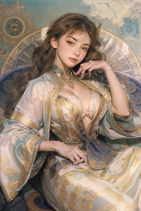 1girl,curve,(baer chest:1.1),a lot of detail,
Dragon Seal,Tie, cleavage,

(in style of Alphonso Mucha:1.2),
