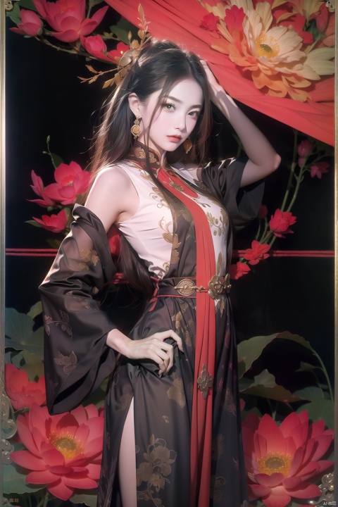 1girl,curve,(baer chest:1.2),
Beauty and heroism,
Red and black,
(a lot of detail:1.2),
Lotus background,
(in style of Bada Shanren:1.2),