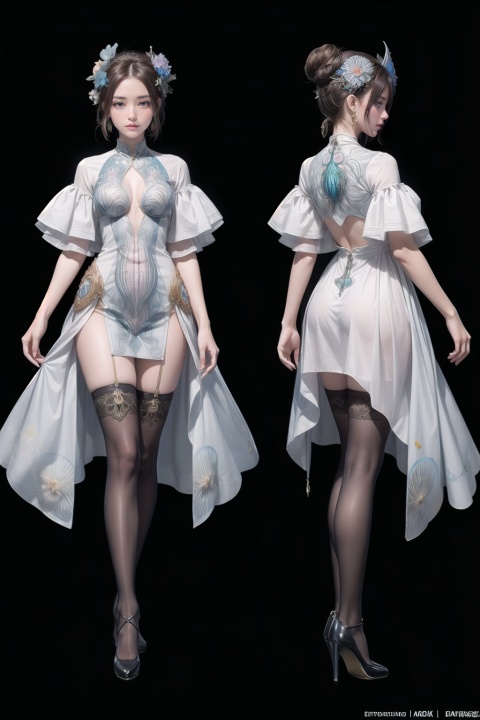 girl, brown hair, thighhighs, standing, full body,  high heels, bodysuit, black background, single thighhigh, instrument, asymmetrical legwear, uneven legwear, asymmetrical clothes,dress,earrings,hair ornament,jewelry,white dress,single hair bun,clothing cutout,

beautiful details,(by Ernst Haeckel:1.4)
(character concept art:1.1),front side back three views,
﻿
(masterpiece,best quality:1.4),
