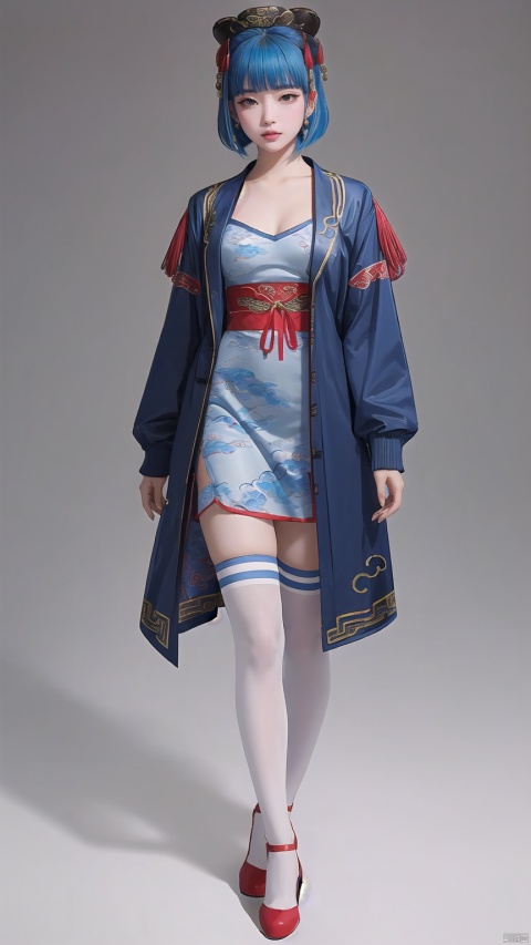 1girl, solo, looking at viewer, breast,
bare chest,
curve,sexy,short hair, bangs, thighhighs, dress, holding, blue hair, standing, jacket, open clothes, glasses, blunt bangs, lips, coat, colored skin, full body,
(Peking Opera:1.4), beautiful details,
character concept art,front side back three views,
(masterpiece,best quality:1.4),