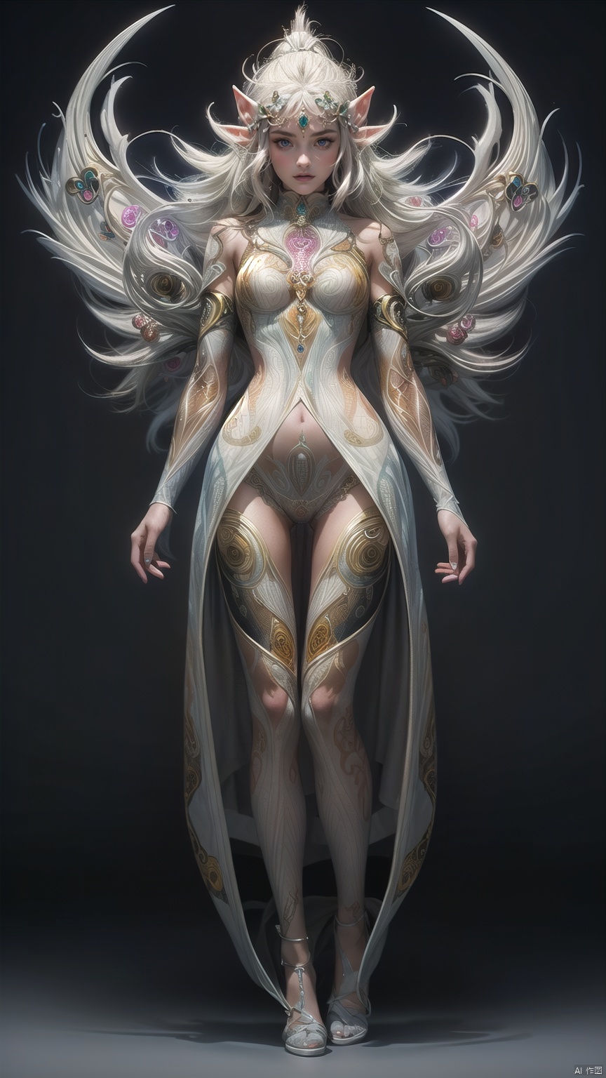 character concept art,front side back three views,(in style of Alex Grey:1.4),girl,straight-on,full body,black background,A cute anime elf woman with  hair and tattoos wearing armor,

(masterpiece,best quality:1.4),