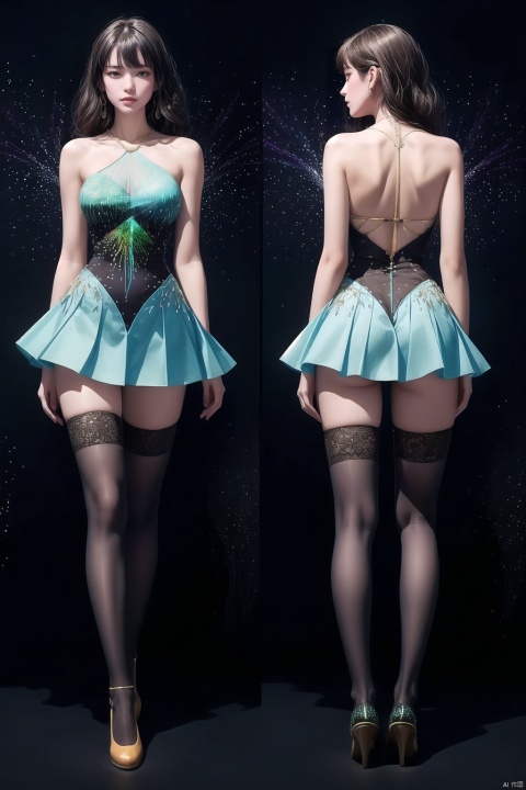 girl,Fit cutting, decoration, embroidery, beading, pleats, jewelry, lace,Hourglass body shape,blue inner glow,Glowing clothes,light painting,thighhighs,Skater skirt,
beautiful details,(by Barbara Takenaga:1.4)
(character concept art:1.1),front side back three views,
﻿
(masterpiece,best quality:1.4),
