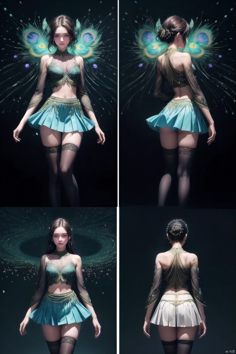 girl,Fit cutting, decoration, embroidery, beading, pleats, jewelry, lace,Hourglass body shape,blue inner glow,Glowing clothes,light painting,Peacock element,thighhighs,Skater skirt,
beautiful details,(by Barbara Takenaga:1.4)
(character concept art:1.1),front side back three views,
﻿
(masterpiece,best quality:1.4),