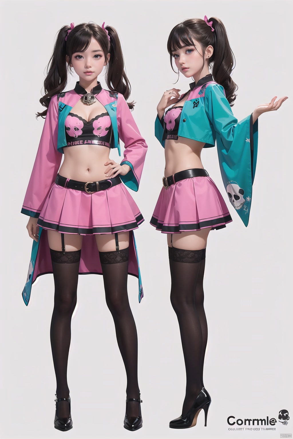  girl,
breasts,medium breasts, bangs, black hair, long sleeves, twintails, brown eyes, standing, full body, Navel,wide sleeves, hair rings, cowgirl outfit,sheriff badge,Skull print,long legs,pink thighhighs,High-low skirt,
Turquoise color,
beautiful details,(by Gemma Correll:1.4)
(character concept art:1.1),front side back three views,
﻿
(masterpiece,best quality:1.4),