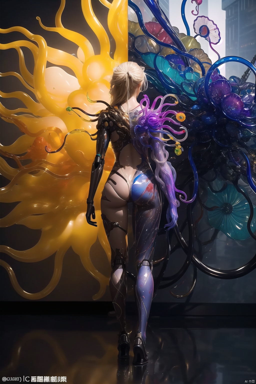  girl,(Face the audience),Front view,mechanical body, cyberpunk mecha,  detailed characterization, master level, mecha reflection, advanced rendering, sharp, The mecha is integrated with the body, clear bones, blood flow,

beautiful details,(by Dale Chihuly:1.25)
(character concept art:1.2),front side back three views,
﻿
(masterpiece,best quality:1.4),