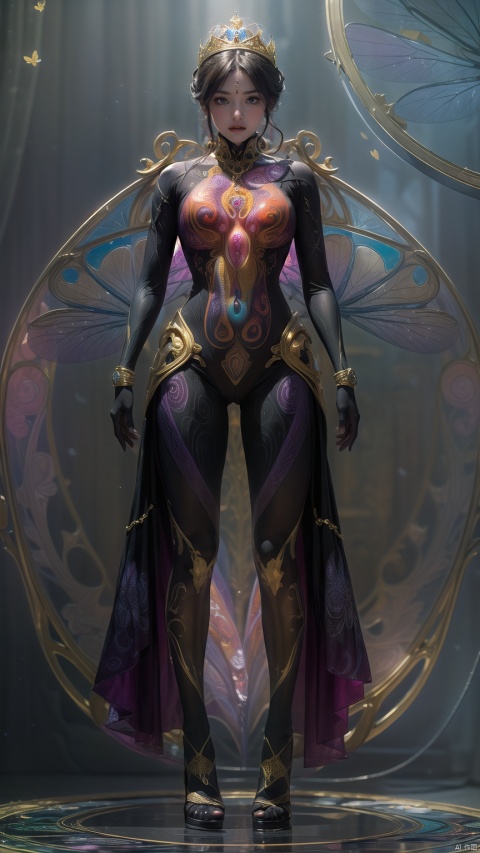 character concept art,front side back three views,(in style of Alex Grey:1.4),girl,curve,black background,full body,an anthropomorphic female dragonfly character in  purple and gold gradient wings with flowers, golden rings, dressed as the queen,  with swirling,

(masterpiece,best quality:1.4),