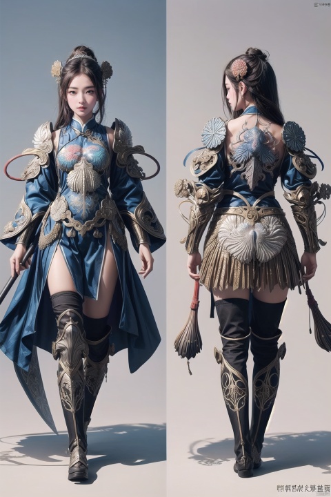 girl,  beautiful chinese girl, beautiful detailed armor, beautiful detailed hanfu,Game art,Asymmetric shoulder Spiked Pauldron,curve,{light azure and dark bronze},
a blend of cool and warm tones in a delicate balance,
beautiful details,(by Ernst Haeckel:1.4)
(character concept art:1.1),front side back three views,
﻿
(masterpiece,best quality:1.4), chinese armor