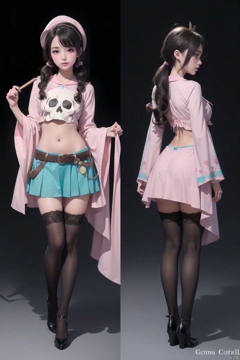 girl,
breasts,medium breasts, bangs, black hair, long sleeves,  twintails, brown eyes, standing, full body, Navel,wide sleeves,  hair rings, cowgirl outfit,sheriff badge,Skull print,long legs,pink thighhighs,Fairy Stick,High-low skirt,
Turquoise color,
beautiful details,(by Gemma Correll:1.4)
(character concept art:1.1),front side back three views,
﻿
(masterpiece,best quality:1.4),