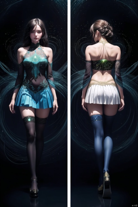 girl,Fit cutting, decoration, embroidery, beading, pleats, jewelry, lace,Hourglass body shape,blue inner glow,Glowing clothes,light painting,thighhighs,Skater skirt,
beautiful details,(by Barbara Takenaga:1.4)
(character concept art:1.1),front side back three views,
﻿
(masterpiece,best quality:1.4),