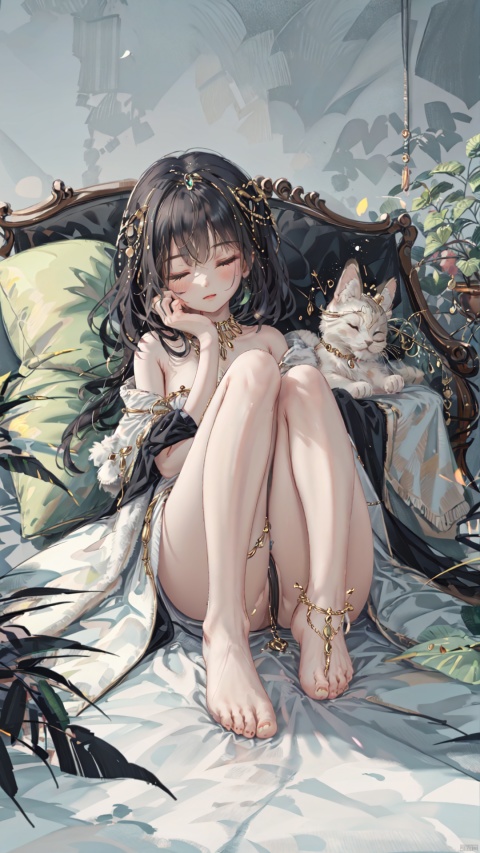 1girl,gem,nude,claws,animal,sharp fingernails,sleeping, feet,barefoot