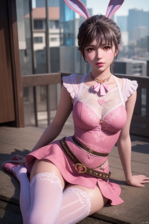  (8k, RAW photo, best quality, masterpiece:1.2), (realistic, photo-realistic:1.3), ultra-detailed, extremely detailed cg 8k wallpaper, (crystalstexture skin:1.2), (extremely delicate and beautiful), 1girl, rabbit_ears, solo, animal_ears, thighhighs, jewelry, belt, brown_hair, pink_footwear, pink_dress, lips, photo_\(medium\), (full shot), looking at viewer,city