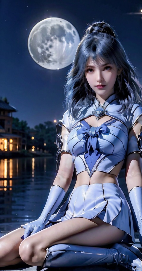  Top Quality, 1 girl, Sailor Moon, blonde hair, blue collar, boots, bow, castle, collar, city, crescent, Crescent, bun, earring, gloves, facial markings, flowers, full moon, gloves, jewelry, boots, layered skirt, lilies, lipstick, long hair, magic girl, cosmetics, Moon, night, Sailor Collar, Sailor Moon, sailor uniform, skirt, sky, solo, Star, Sky, Moon, pigtail, white shoes, white gloves, close up
