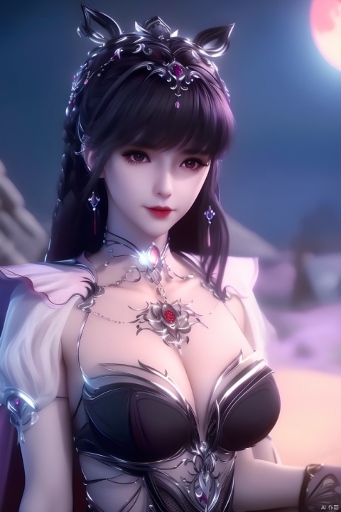 (,1girl, ,best quality, ),looking at viewer, ,,ultra detailed background,ultra detailed background,ultra realistic 8k cg,, ,masterpiece, (( , )),, ,science fiction,mole, , ,red moon, black rose, (cleavage), (),
