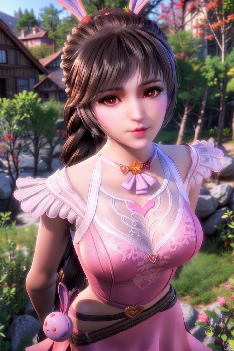  (8k, RAW photo, best quality, masterpiece:1.2), (realistic, photo-realistic:1.3), ultra-detailed, extremely detailed cg 8k wallpaper, (crystalstexture skin:1.2), (extremely delicate and beautiful), 1girl, rabbit_ears, solo, animal_ears, thighhighs, jewelry, belt, brown_hair, pink_footwear, pink_dress, lips, photo_\(medium\), (full shot), looking at viewer,city