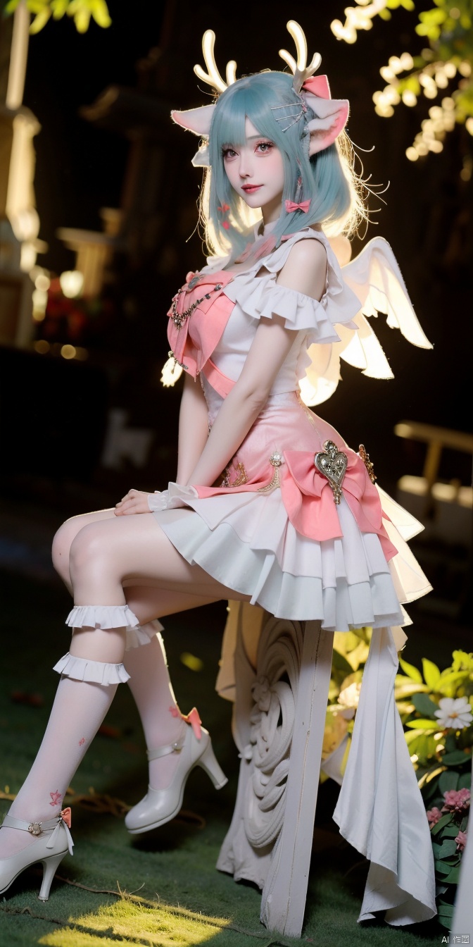  YAO,1girl,solo,bow,animal ears,braid,hair bow,blue hair,antlers,blurry background,wings,looking at viewer,pink bow,blurry,deer ears,hair ornament,multicolored hair,bangs,x hair ornament,dress,pink eyes,medium hair,red bow,outdoors,
white dress,cosplay,(sitting:1.3),
magical girl,heart,short hair,skirt,
flower,pantyhose,frills,key,high heels,
green hair,wrist cuffs,
jewelry,tree,
socks,frilled socks,kneehighs,white skirt,grass,shoes,high heels,, (raw photo:1.2),((photorealistic:1.4))best quality,masterpiece,illustration,an extremely delicate and beautiful,extremely detailed,CG,unity,8k wallpaper,Amazing,finely detail,masterpiece,best quality,official art,extremely detailed CG unity 8k wallpaper,absurdres,incredibly absurdres,huge filesize,ultra-detailed,highres,extremely detailed,beautiful detailed girl,cinematic lighting,1girl,pale skin,tall female,(perfect body shape),skinny body,Slender legs,, pale skin,tall man,long legs,thin leg, huliya