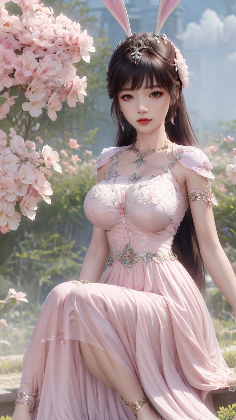  a girl,,rabbit ear hair accessories,[above the knee, appear on camera:1.2],breastplate,shoulder_armor,pink white dress,