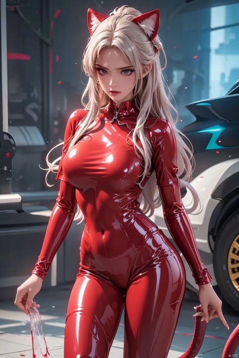  (RAW photo: 1.2), pink latex jumpsuit, hollow, Holt collar, latex shiny, tight, sweat, white liquid, pink body, wearing Kudo Atsuko latex costume, wearing tight suit, smooth pink white skin, cat suit, wearing latex, shiny plastic, shiny metallic luster skin, pink glowing color, latex costume, chrome-plated bodysuit, cyberpunk glossy latex suit, shiny, futuristic bright latex suit with open legs, M-shaped legs, angry expression, sullen and sullen, white liquid all over the body, jmai