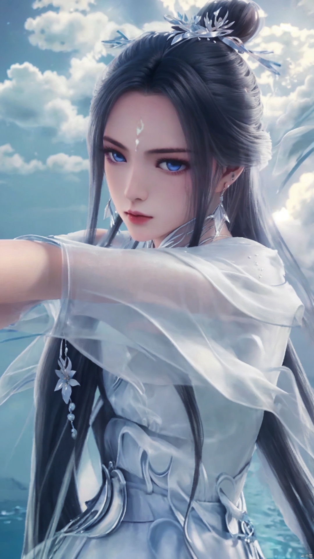  1girl,dress,white dress,moon,black hair,long hair,water,sky,solo,forehead mark,hair ornament,jewelry,earrings,facial mark,flower,hair bun,night,blue eyes,cloud,, jmai