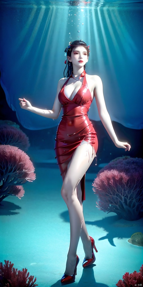  Best quality, masterpiece, 1 girl, (translucent dress: 1.2), standing, (whole body: 1.2), stockings, (high heels: 1.2), (wet body: 1.5), (underwater world: 1.5), underwater world, water plants.