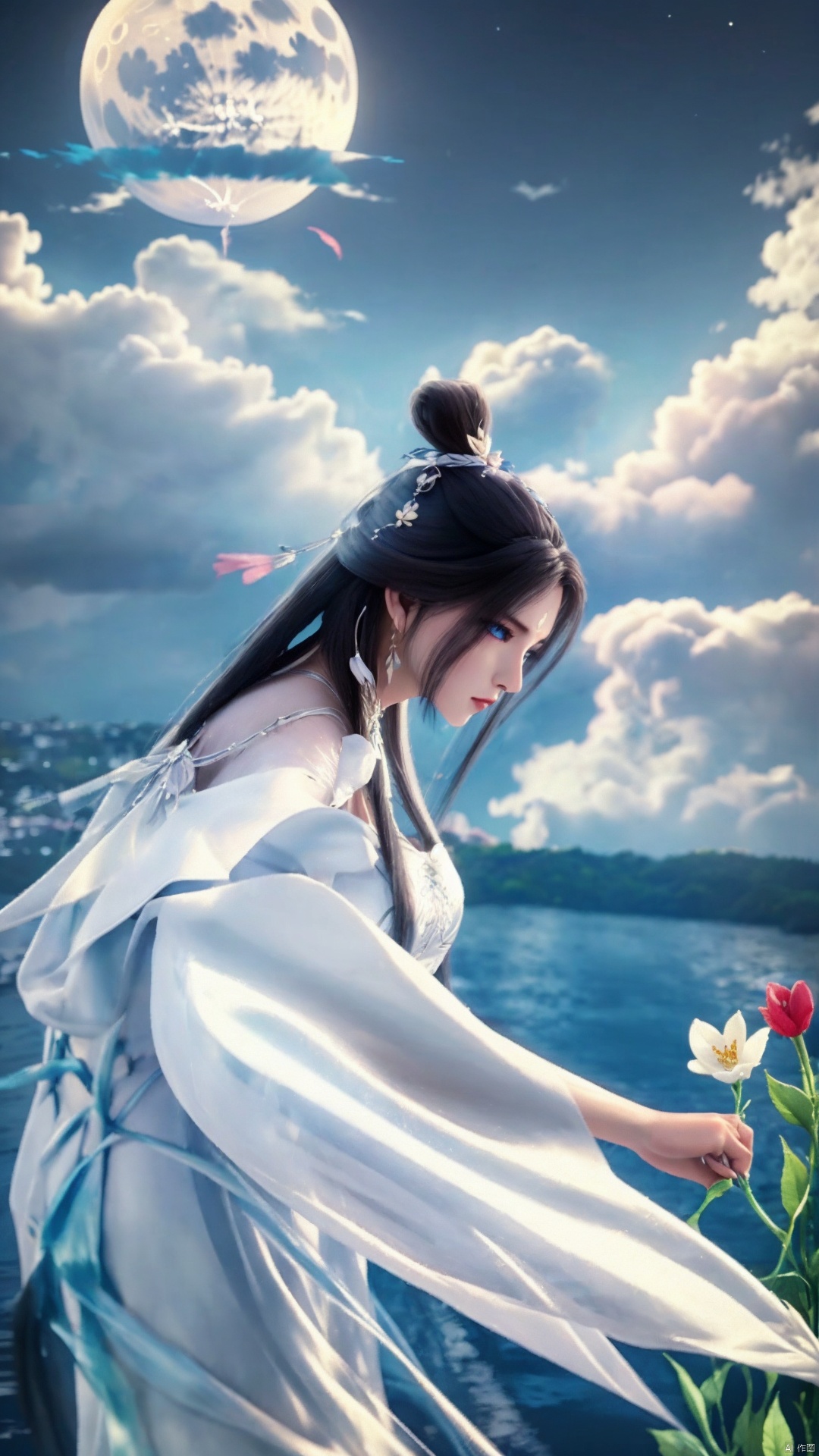  1girl,dress,white dress,moon,black hair,long hair,water,sky,solo,forehead mark,hair ornament,jewelry,earrings,facial mark,flower,hair bun,night,blue eyes,cloud,, jmai