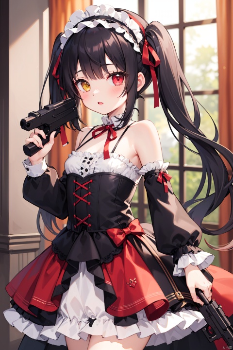  1girl, solo, long hair, looking at viewer, bangs, black hair, red eyes, dress, ribbon, holding, bare shoulders, twintails, yellow eyes, weapon, hairband, frills, detached sleeves, indoors, holding weapon, blurry, red ribbon, lips, gun, blurry background, heterochromia, holding gun, handgun, lolita fashion, gothic lolita, lolita hairband, orange dress, tokisaki kurumi