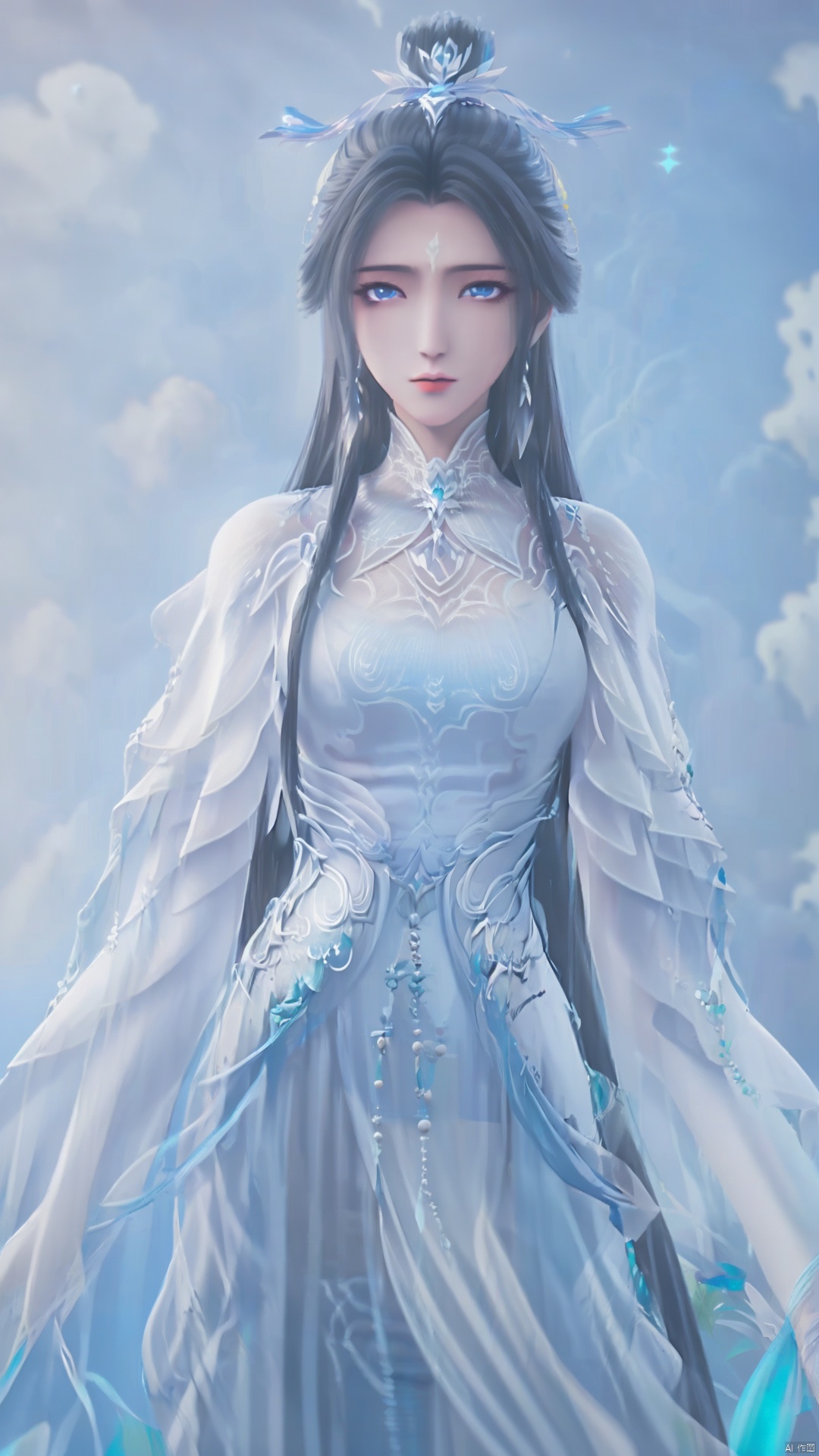  1girl,dress,white dress,moon,black hair,long hair,water,sky,solo,forehead mark,hair ornament,jewelry,earrings,facial mark,flower,hair bun,night,blue eyes,cloud,, jmai