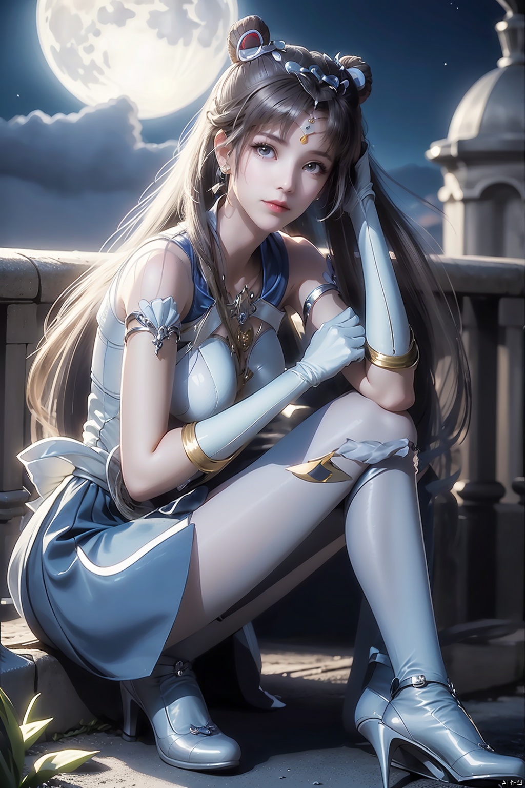  Top Quality, 1 girl, Sailor Moon, blonde hair, blue collar, boots, bow, castle, collar, city, crescent, Crescent, bun, earring, gloves, facial markings, flowers, full moon, gloves, jewelry, boots, layered skirt, lilies, lipstick, long hair, magic girl, cosmetics, Moon, night, Sailor Collar, Sailor Moon, sailor uniform, skirt, sky, solo, Star, Sky, Moon, pigtail, white shoes, white gloves, close up