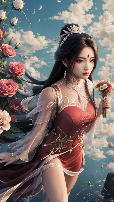  a girl,,dress,looking from above,a girl,above the knee,appear on camera,(a girl appeared at the front:1.2),(holding flowers in hand:1.1),stand,crescent_moon,black hair,long hair,whitenight,sky,solo,cloud,,simple background,a neat background,red dress,character focus,clear background,HDR,UHD,8K,masterpiece,absurdres,raise your head,