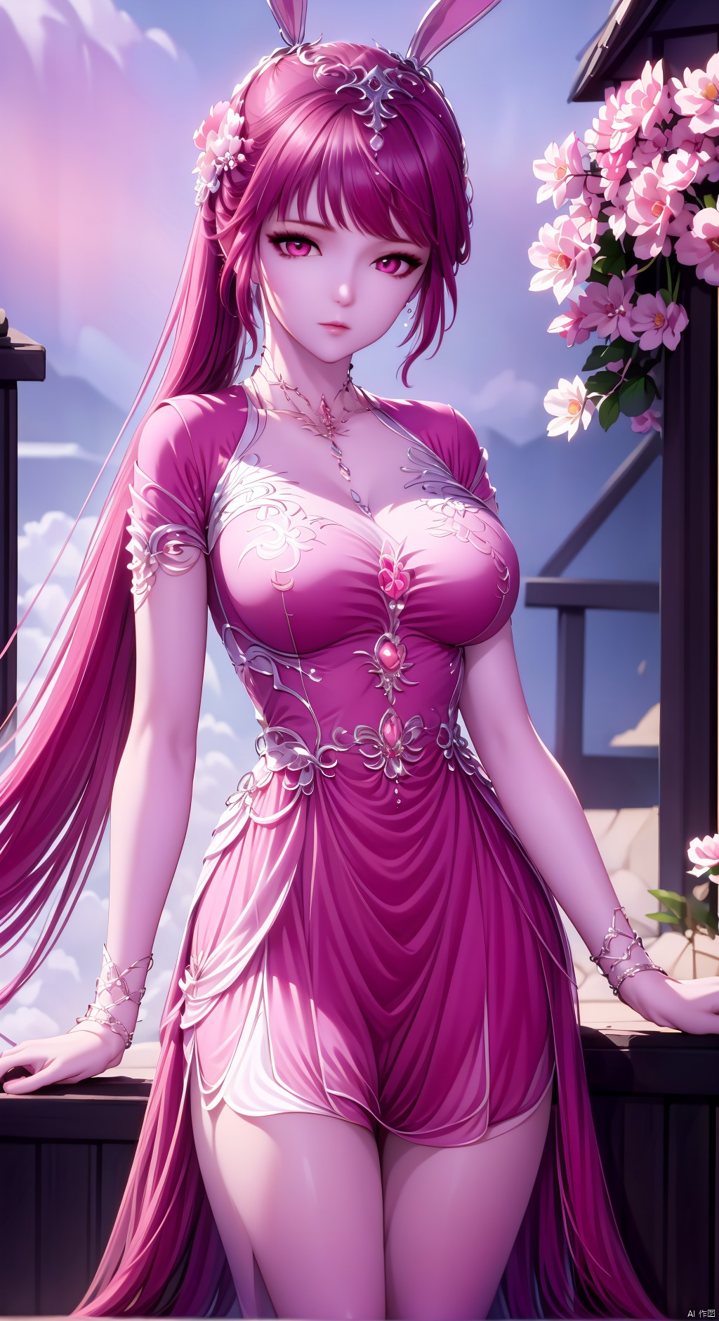  vibrant colors, female, masterpiece, sharp focus, best quality, depth of field, cinematic lighting, long hair, pink hair, twin tail, pink eyes, pink outfit, landscape, sunset, pink sky, town
