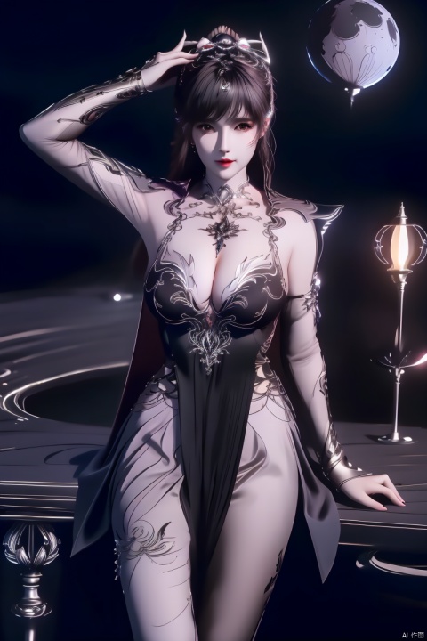  (,1girl, ,best quality, ),looking at viewer, ,,ultra detailed background,ultra detailed background,ultra realistic 8k cg,, ,masterpiece, (( , )),, ,science fiction,mole, , ,red moon, black rose, (cleavage), (),