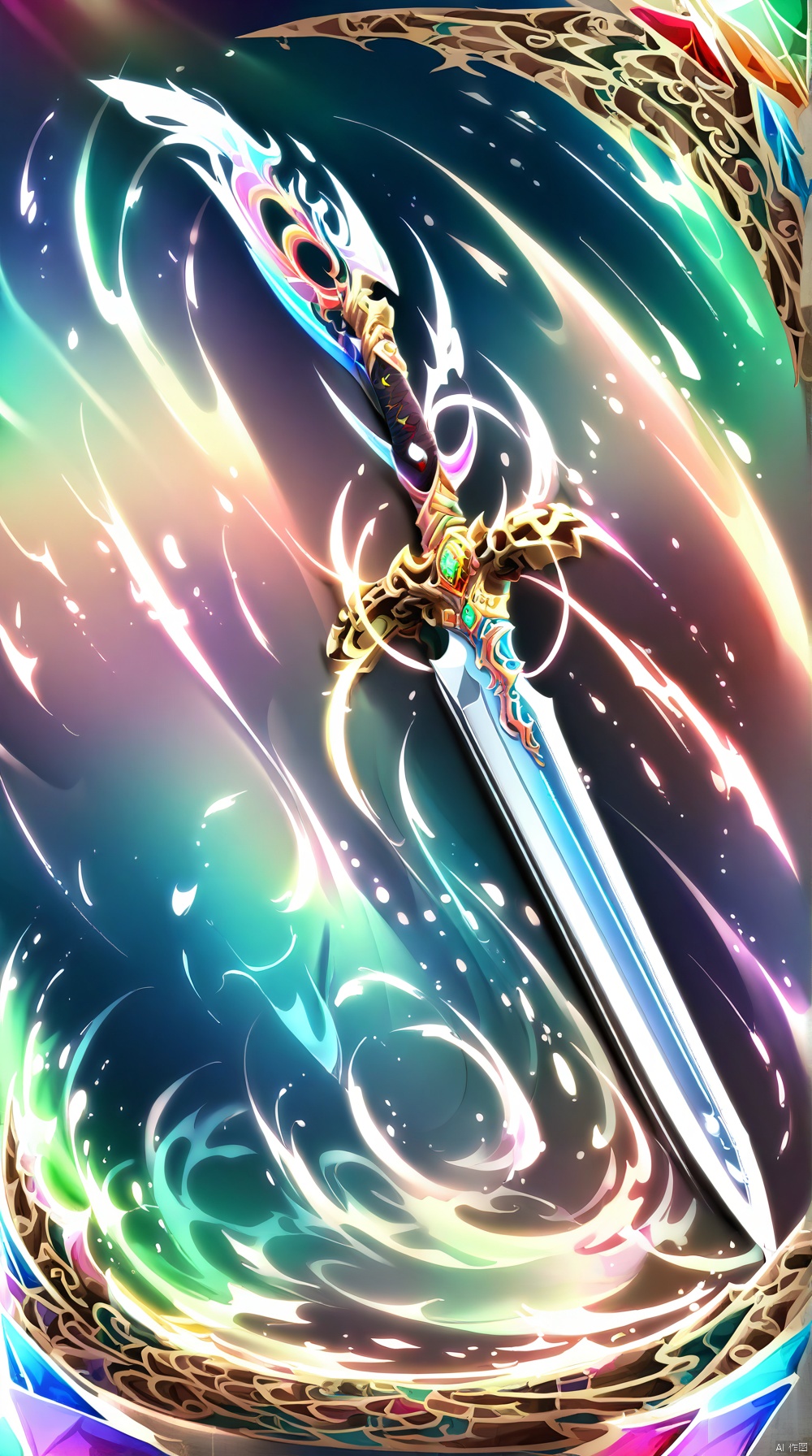  ancient mystical sword, highly detailed and intricate, gleaming blade, long blade more prism, no humans, more prism, vibrant color