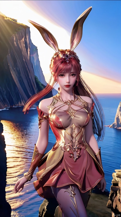  1girl,upper_body,(red dress:1.1),red hair,hair_bun,(skirt:1.1),night,side light shining on the face,black boots, mxt cunnilingus,When dusk falls, cliffs above and below,the top of the hill, plateau, golden hour lighting, in the ocean, bunny_ears, bunny_ears, transparent underwear,