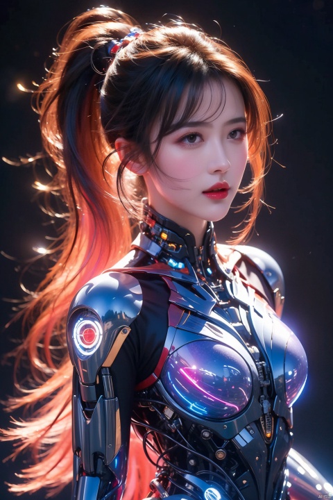  1girl, solo, no face visible, Handsome Girl, Cybernetic suit, ponytail, Long multicolored hair, nightcity, Bright colours, night city, full-length, Evil face, wangyushan, sufei