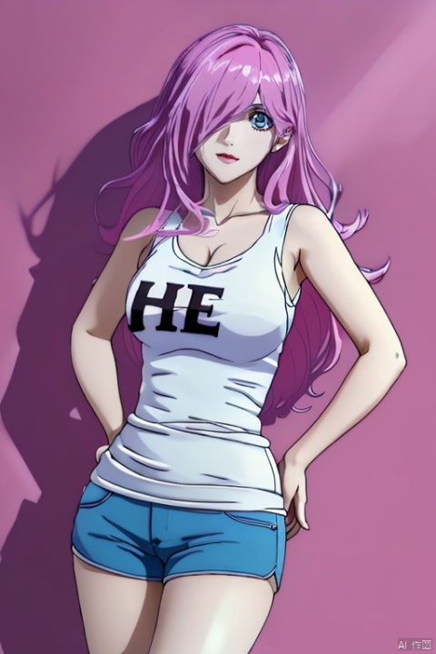  masterpiece, high quality, high resolution, (xiahe:1.1), 8kwallpaper, pink hair, hair over one eye, standing, long hair, , seductive pose, beauty and aesthetics, absurd, shorts, tank top, clothing writing, hand on hip,