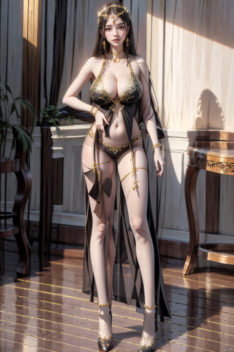  1girl,solo,long hair,breasts,looking at viewer,bangs,blue eyes,large breasts,black hair,hair ornament,dress,cleavage,bare shoulders,jewelry,very long hair,closed mouth,underwear,standing,panties,full body,pantyhose,indoors,black footwear,high heels,bracelet,lips,see-through,hand on hip,covered navel,makeup,shadow,table,plant,lipstick,gold trim,circlet,wooden floor,anklet,red lips,bodystocking,carpet,,