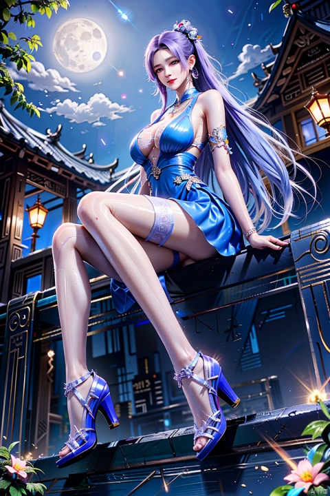  1girl,solo,long hair,breasts,looking at viewer,hair ornament,thighhighs,dress,jewelry,sitting,purple eyes,full body,purple hair,earrings,outdoors,sky,black thighhighs,black footwear,high heels,night,blue dress,moon,night sky,architecture,, 1girl, douluo\(zhuqing\), zzq