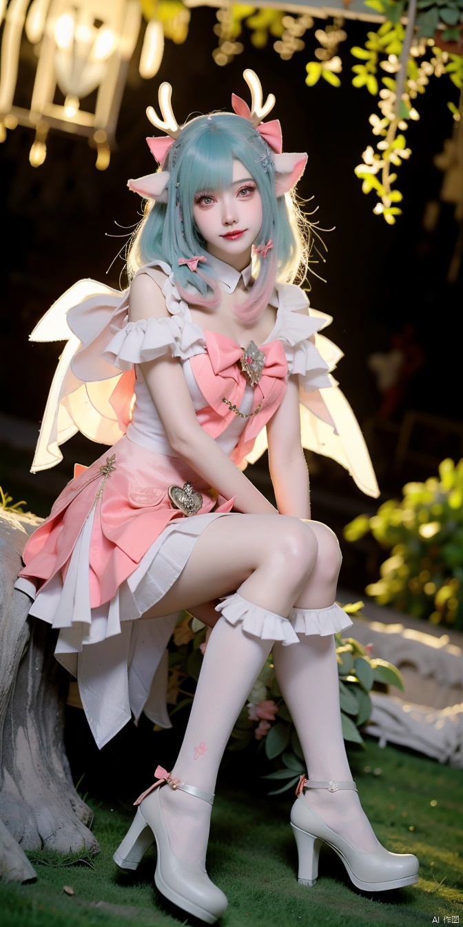  YAO,1girl,solo,bow,animal ears,braid,hair bow,blue hair,antlers,blurry background,wings,looking at viewer,pink bow,blurry,deer ears,hair ornament,multicolored hair,bangs,x hair ornament,dress,pink eyes,medium hair,red bow,outdoors,
white dress,cosplay,(sitting:1.3),
magical girl,heart,short hair,skirt,
flower,pantyhose,frills,key,high heels,
green hair,wrist cuffs,
jewelry,tree,
socks,frilled socks,kneehighs,white skirt,grass,shoes,high heels,, (raw photo:1.2),((photorealistic:1.4))best quality,masterpiece,illustration,an extremely delicate and beautiful,extremely detailed,CG,unity,8k wallpaper,Amazing,finely detail,masterpiece,best quality,official art,extremely detailed CG unity 8k wallpaper,absurdres,incredibly absurdres,huge filesize,ultra-detailed,highres,extremely detailed,beautiful detailed girl,cinematic lighting,1girl,pale skin,tall female,(perfect body shape),skinny body,Slender legs,, pale skin,tall man,long legs,thin leg, huliya
