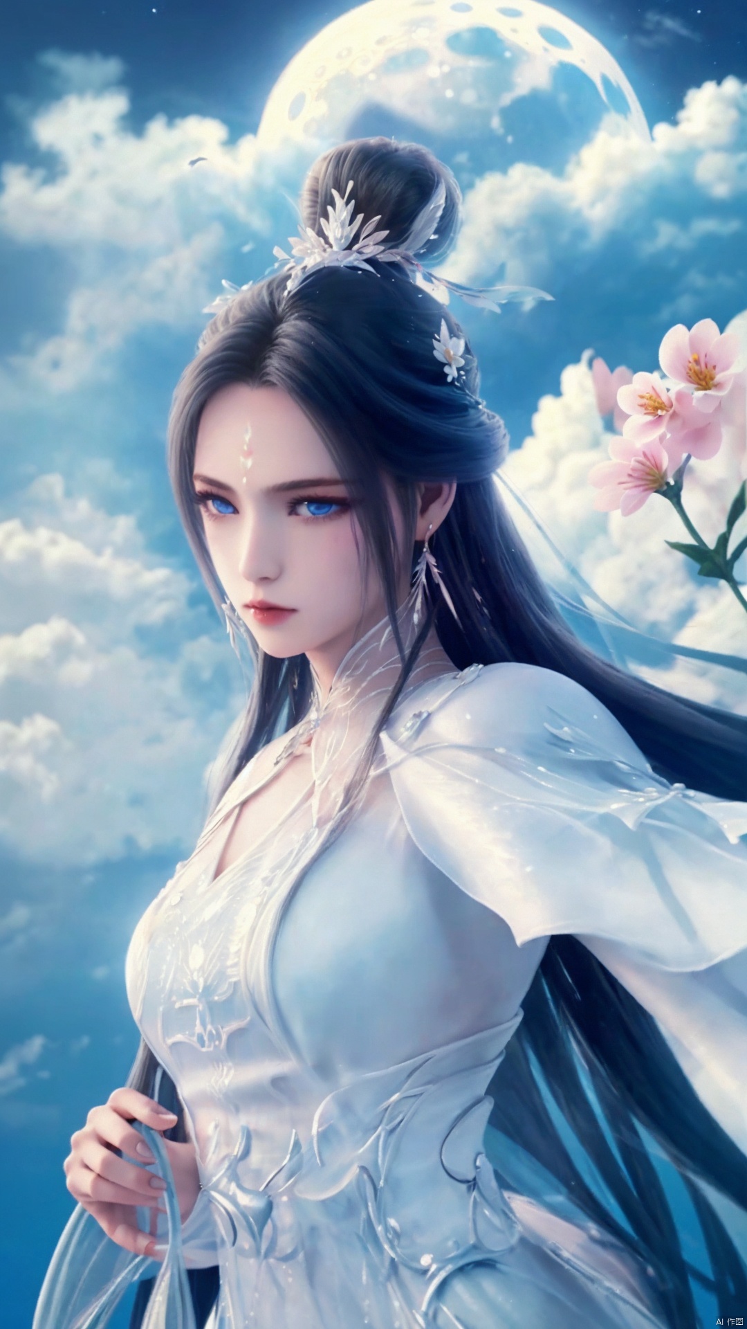  1girl,dress,white dress,moon,black hair,long hair,water,sky,solo,forehead mark,hair ornament,jewelry,earrings,facial mark,flower,hair bun,night,blue eyes,cloud,, jmai