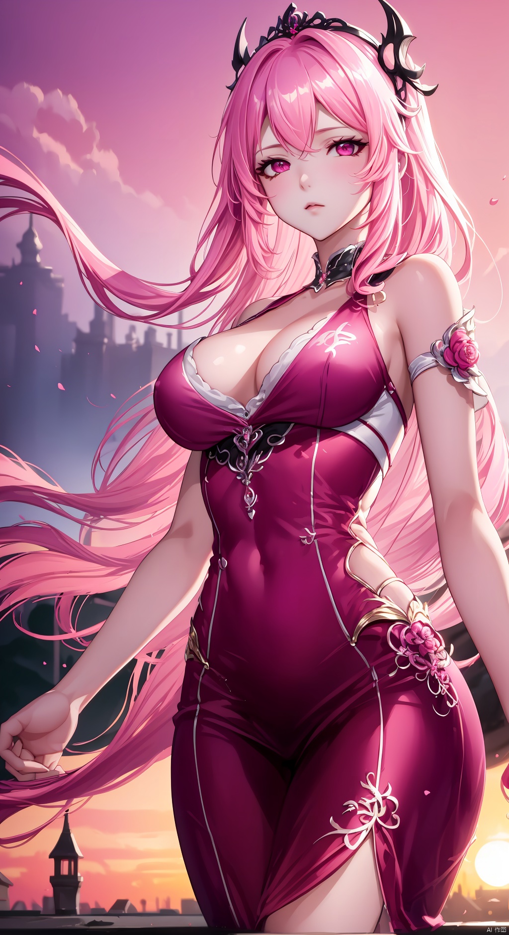  vibrant colors, female, masterpiece, sharp focus, best quality, depth of field, cinematic lighting, long hair, pink hair, twin tail, pink eyes, pink outfit, landscape, sunset, pink sky, town